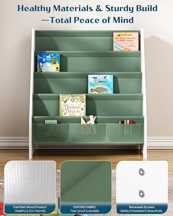 SEIRIONE Sturdy Kids Bookshelf,4-Tier Book Shelf for Kids Room with Tear-Proof Oxford Fabric-Nursery Room Playroom Classroom,Deep Slings to Keep Books Upright,Ideal Height for Toddler Age 3+, Green