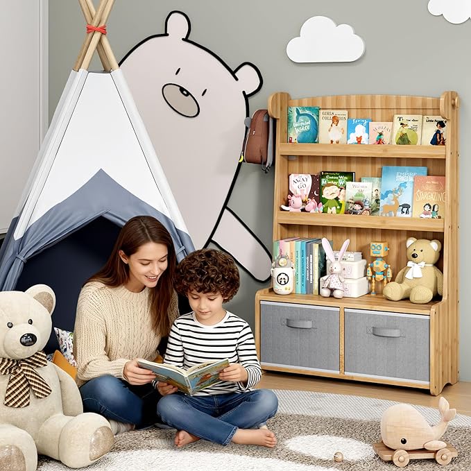 Kids Bookshelf and Toy Storage Organizer, 3 Tier Bamboo Todders Book Shelf Large Book Rack for Child Room Playroom Nursery for Kids, Children, Toddlers (Nature)