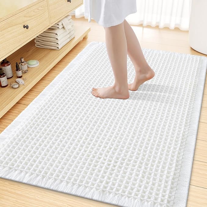 Smiry Waffle Bath Mat 59x35, Extra Soft Absorbent Bathroom Rugs, Non Slip Machine Washable Quick Dry Bath Rugs for Bathroom Floor, Tub, Shower, Home Decor Accessories, White