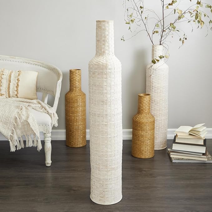 Deco 79 Bamboo Wood Decorative Vase, Tall Woven Floor Centerpiece, Round Vase for Home Decoration, White and Beige, 9" x 9" x 48"
