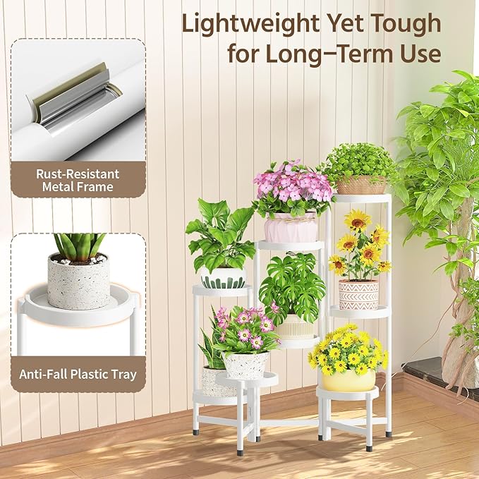LASZOLA 8 Tiered Plant Stand Indoor Outdoor with Plastic Tray, Corner Folding Tall Flower Display Rack, Modern Plant Holder Shelf for Outdoor Patio Porch Garden Office Living Room, White