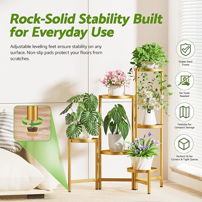 6 Tiered Plant Stand Indoor for Multiple Large Planter, Tall Heavy Duty Adjustable Folding Rack with Rustproof 7.9 Inch Wide Tray, Plant Shelf for Corner Living Room - GoldDisk