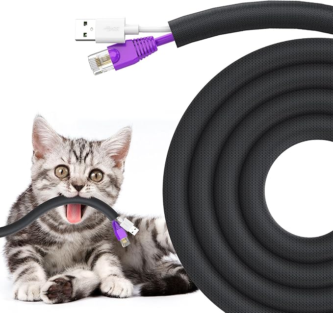 UOMTFAI Dog and Cat Cord Protector 10ft - 3/8inch, Flexible Cable Sleeve for Easy Cord Management, Protects Cables from Pets Chewing, Ideal for USB, Power, Audio and Video Cords - Black