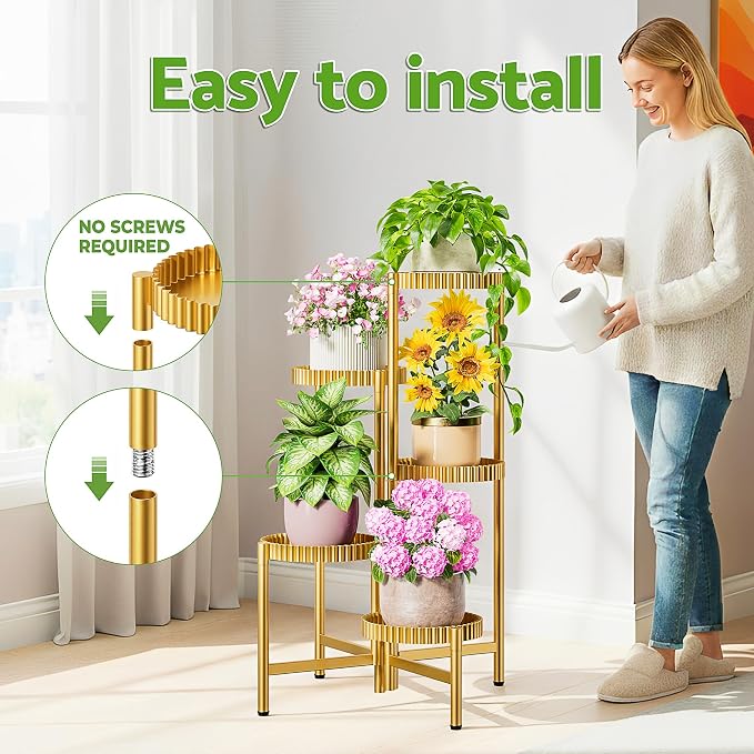 5 Tier Large Plant Stand Indoor, 7.9 Inch Wide Tall Corner Metal Plant Stands Outdoor for Multiple Plants, Foldable Tiered Flower Display Holder Rack Shelf for Patio Porch Balcony -GoldFloroma