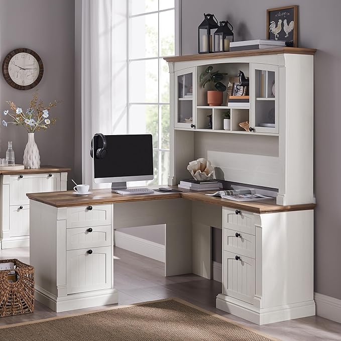 OKD Farmhouse Hutch for 60" Executive Desk, Office Desk Storage Cabinet with Glass Doors and Shelves, Top Hutch Organizer for Home Office - Antique White