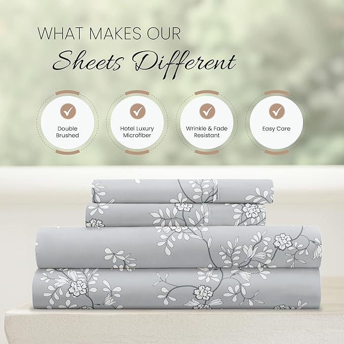 Linen Market Patterned Microfiber Queen Sheet Set 4 Piece – Oeko-TEX Certified Ultra Soft & Wrinkle-Free - 16" Deep Pocket Sheets - Easy Care Queen Size - Trellis Vine Light Gray