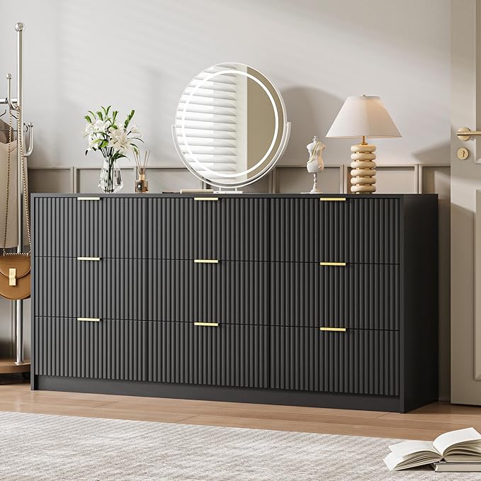 Black 9 Drawer Dresser for Bedroom, 63" Wide Modern Fluted Dresser with Gold Metal Handles, Chest of Drawers for Bedroom, Living Room, Entryway, Hallway