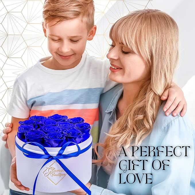 GLAMOUR BOUTIQUE Flower Forever Gift Box 12 Real Preserved Roses in Round Velvet White Box, Handmade, Rose Petals, Birthday, Marriage, Anniversary, Graduation - Blue