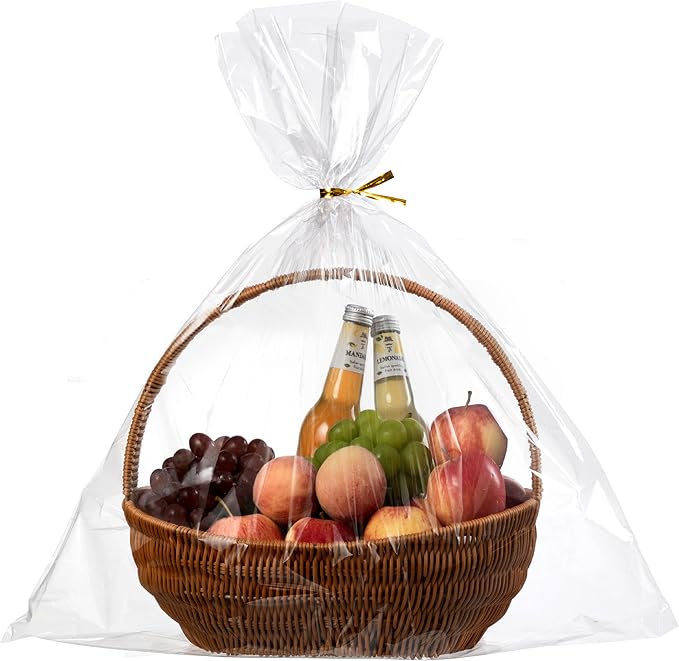 joybest 20 Pcs Clear Cellophane Bags, 24x 30 Inches Large Clear Basket Bags Plastic Cellophane Wrap for Gift Baskets Packaging with Pull Bow Ribbons