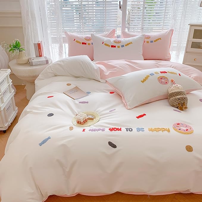 MorroMorn Twin Duvet Cover Cotton, 3D Embroidery Twin Bedding Sets, Cute Chenille Embroidered Comforter Covers Summer Blanket Soft Breathable for Girls Kids Teen Preppy (Donut White, Twin/Twin XL)