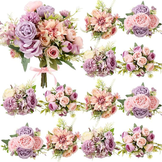 Zeyune 12 Bundles Artificial Peonies Flowers Artificial Silk Rose Faux Dahlia Fake Chamomile Hydrangea Bouquet Bulk for Vase Home Wedding Centerpiece Party Decoration(Lavender Blush,Misty Lavender)