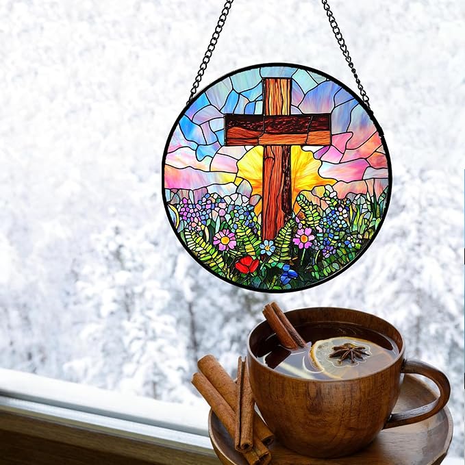 Christian Gifts for Women - Cross Stained Glass Window Hanging Jesus Easter Colorful Wildflowers Sun Catcher Garden Religion Decor Mother's Day Catholic Gift for Men Grandma Mom Her 6.3"