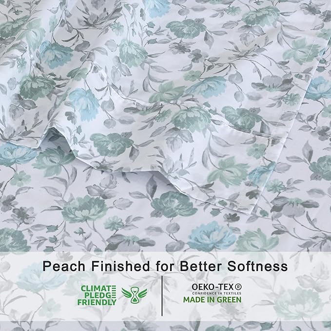 RUVANTI 100% Organic Cotton Sheets Split King, Percale Weave, GOTS Certified, 5-Piece Set, Deep Pocket 15", Crisp & Breathable, Soft Durable Bedding, Sábanas Algodón Orgánico – Cold Chrysanthemum