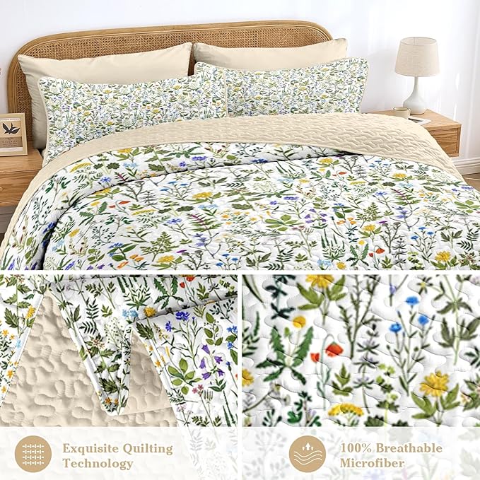 Quilt Set Full/Queen Size, Garden Floral 3 Pcs Soft Bed Cover Bedding Set, Country Rustic Farmhouse Lightweight Bedspread Coverlet with 2 Pillow Sham for All Season