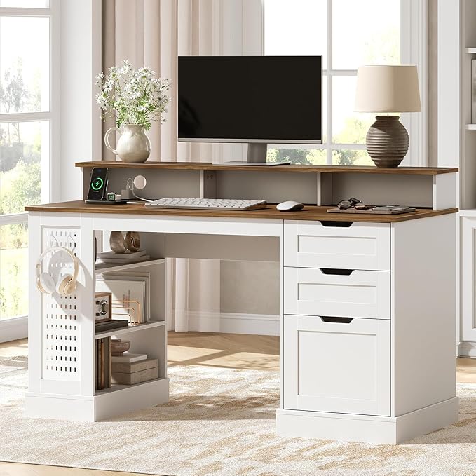 55inch Farmhouse Executive Desk with 2 Drawers and File Cabinet, Computer Desk with 3-Tier Storage Shelves, Home Office Desk with Charging Station, Pegboard and Monitor Shelf, White and Walnut
