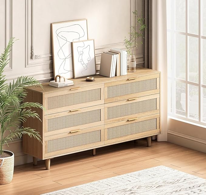 Fsbecl Rattan 6 Dresser for Bedroom, Chest of Drawers, 59'' Wide Modern Wooden Dresser Chest with Golden Handles, Storage Cabinet for Closet, Living Room, Entryway, Natural