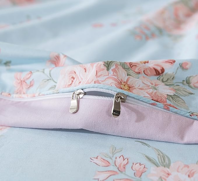 FADFAY Duvet Cover Set Queen Blue Rose Floral Bedding Rustic Peony Flower Comforter Cover Set Vintage Farmhouse Bedding 100% Cotton Ultra Soft Quilt Cover with Hidden Zipper Closure 3Pcs, Queen Size