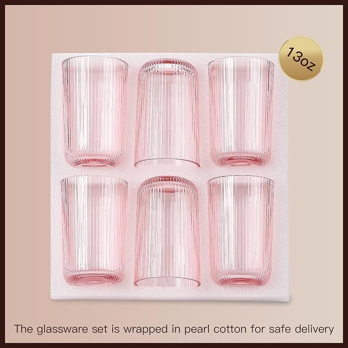 Pink Ribbed Highball Glasses Set of 6, 13.2oz Pink Colored Glassware, Drinking Glasses for Water, Juice, Iced Coffee, Cocktails, Pink Glass Cups, Housewarming Christmas Gift