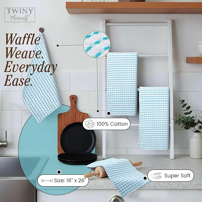 TWINY threads Waffle Kitchen Towels 4 Pack, 100% Cotton 16x26 Dishcloth Set, Highly Absorbent & Quick Dry Tea Towels for Drying Dishes, Cleaning Counters & Everyday Use, Aqua Blue, White