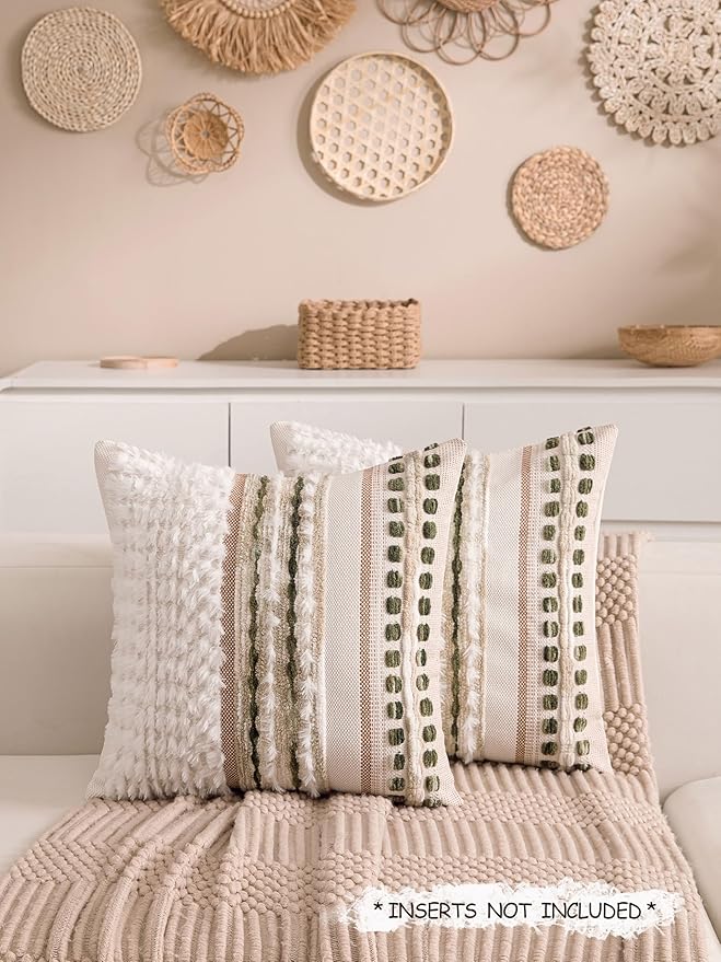 KOOLIFE Boho Chenille Tufted Couch Throw Pillow Covers 18x18 Inch Set of 2 Farmhouse Striped Decorative Pillow Covers Accent Neutral Square Pillowcase Green Cushion Covers for Livingroom Sofa Bed