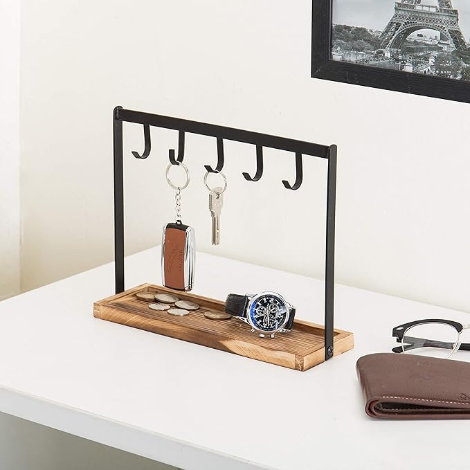 MyGift Black Metal Entryway Key Holder with 5 Hooks and Burnt Wood Base, Tabletop Necklace and Jewelry Organizer Rack with Ring Tray