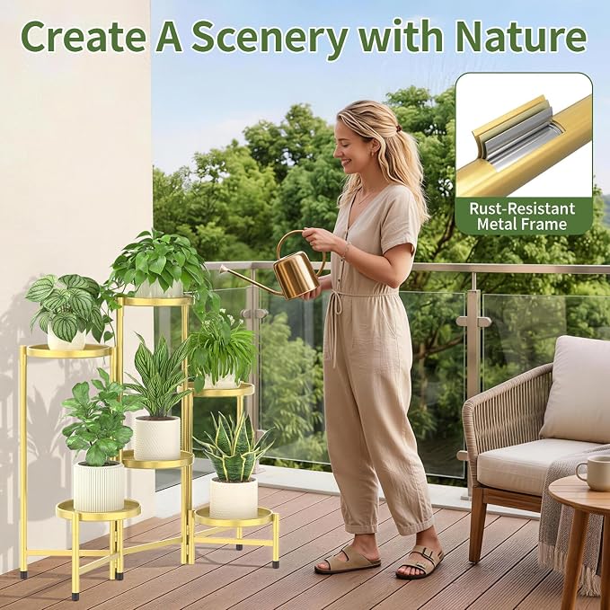 LASZOLA 6 Tier Large Plant Stand Indoor Tall with 10 Inch Metal Tray, Corner Folding Flower Display Rack, Modern Plant Holder Shelf for Outdoor Patio Porch Garden Office Living Room, Gold