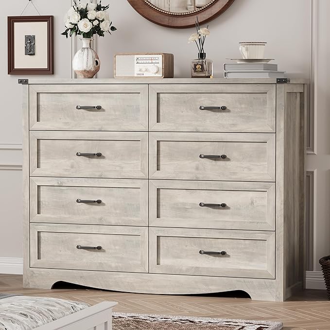 Dresser for Bedroom with 8 Drawers, 54" Wide Wood Chest of Drawers with Deep Drawers & Mental Handle, Modern Dresser TV Stand, Wooden Closet Storage Organizer for Living Room, Hallway, Entryway, Grey