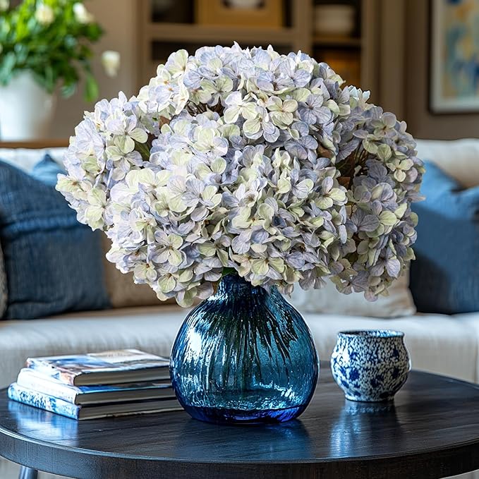 Artificial Flower Fake Silk Hydrangea Heads Bouquet with Stems Bulk for Fall Decoration Table Center Christmas Indoor Outdoor Faux Floral Realistic with Leaves Plants Crafts 8PCS(Blue)
