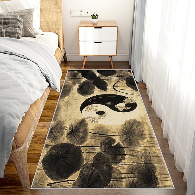 Yin Yang Lotus Leaf Runner Rug 4x10, Asian Yoga Design, Zen Spiritual Meditation Area Rug, Washable Non-Slip Floor Carpet Runner for Bedroom, Dining Room, Living Room Aisle