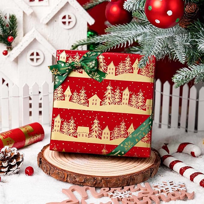 MAYPLUSS Christmas Wrapping Paper Roll, 17 Inch X 16.5 Feet Gift Wrapping Paper Featuring Gold Christmas Tree House Reversible Snowflake, Thick Wrap Paper for Holiday Party New Year Kids