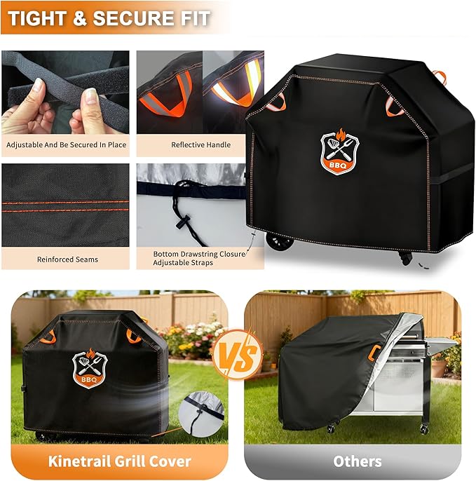 Kinetrail Grill Cover, Universal 65" BBQ Grill Cover for Outdoor Grill, Waterproof, Weather Resistant, Fade Resistant Gas Grill Cover with Adjustable Double Straps for Weber, Char-broil, Nexgrill, etc