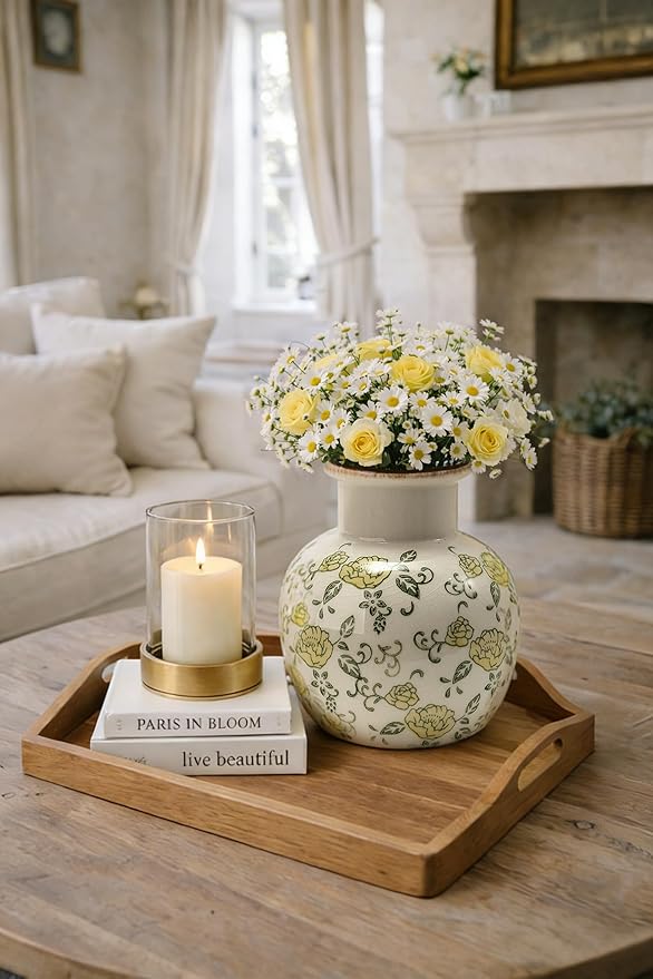 SIDUCAL Ceramic Vintage Vase, 5.91 Inch Retro Ice Cracked Chinoiserie Floral Vase, Rustic Farmhouse Vases for Home Decor, Bookshelf, Garden, Chinoiserie Decor, Tuscan Decor, Yellow Rose Pattern