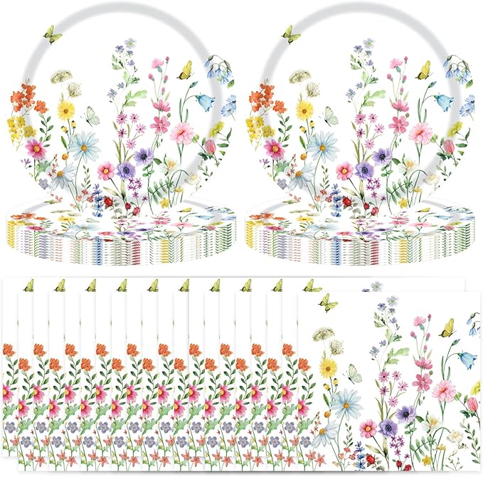T-Antrix 40 Pcs Wildflower Plates And Napkins Party Supplies, Disposable Floral Wildflower Tableware Set for Spring Summer Picnic Wedding Birthday Tea Party Decoration Baby Shower Serves 20