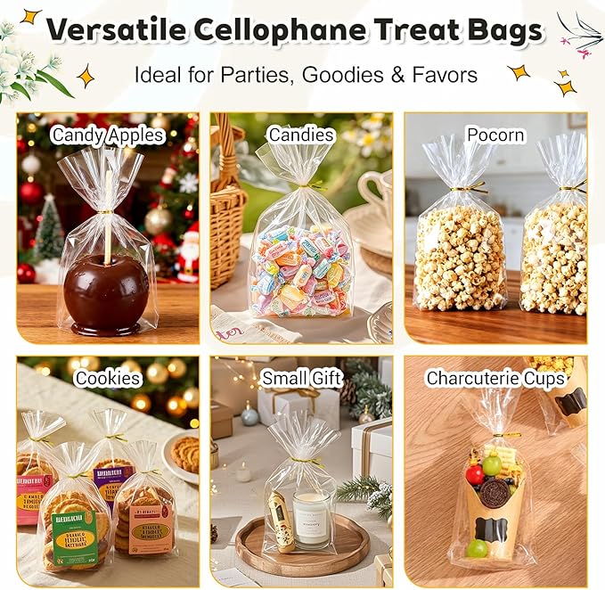 PigPotParty Cellophane Treat Bags 7"x10", 100 Pack Clear Goodie Bags, Bottom Gusset for Stand-Up Display, Small Plastic Gift Wrap for Cookies, Candy, Party Favors, Popcorn, Includes 100 Ties