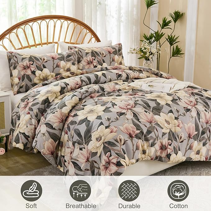 Bedding_Dreamer Floral Comforter Set King, 100% Cotton, Elegant Flowers Botanical Bedding Set Colorful Watercolor Cute Flower and Leaves Shabby Chic Cottage, 3 Pcs