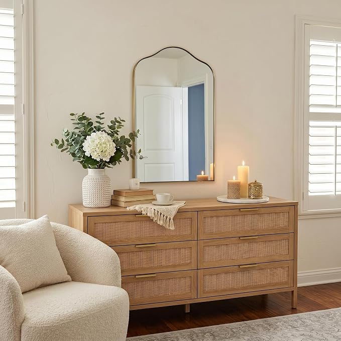 ANDY STAR Brass Scalloped Arched Wall Mirror, 22x30 Brushed Gold Irregular Bathroom Mirror with Curved Design for Vanity, Powder Room, Fireplace, Mantel, Stainless Steel Frame, Rustproof