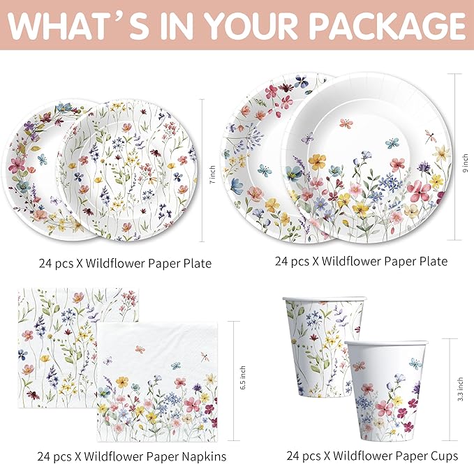 Wildflower Party Supplies, Floral Party Decorations Tableware, Plate, Napkins, Cup, Cutlery, Tablecloth, Backdrop, Banner, Spring Summer Flower Decorations For Birthday, Baby Shower, Serve 24