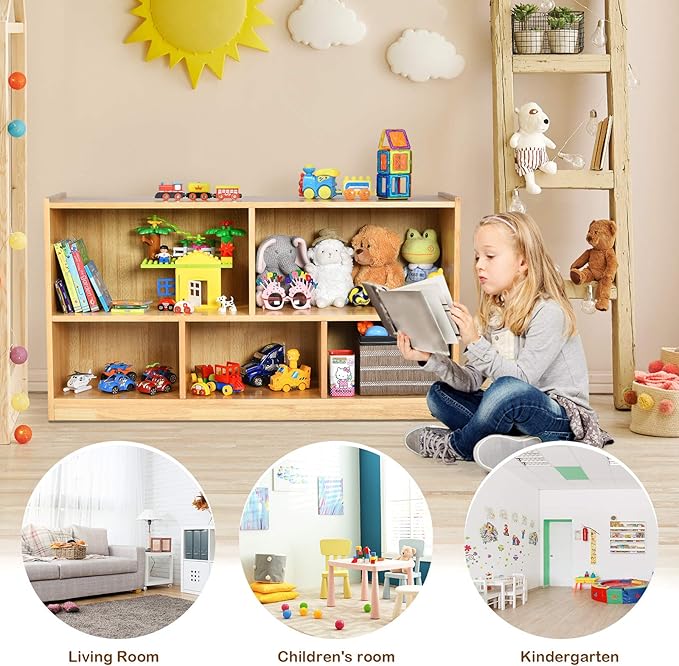 Costzon 2-Shelf Bookcase for Kids, Wooden Toy Storage Organizer for Books Toys, 5-Section Freestanding Classroom Daycare Montessori Bookshelf for Preschool, Home Playroom & Kindergarten (Burlywood)