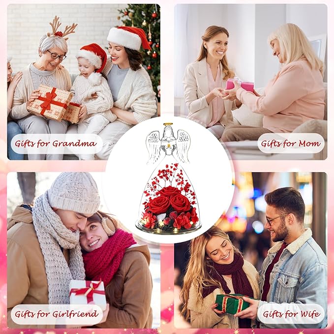 Christmas Angel Gifts for Women,Preserved Flowers Rose in Glass Angel Figurines Flowers for Delivery,Preserved Three Red Rose with Lights,Christmas Birthday Gifts for Grandma Mom Wife Her Sister