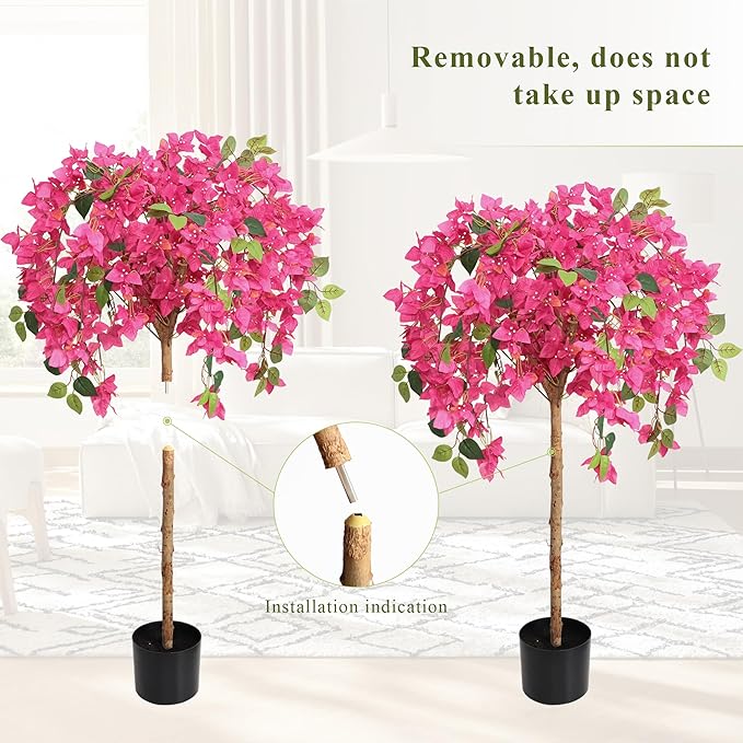 4 Feet Artificial Bougainvillea Trees, Fake Bougainvillea Pink Flowers Tree with Black Plastic Pot, Outdoor Faux Blooming Plants Potted 2 Packs for Decor Front Porch Indoor or Home Office (47 inch)