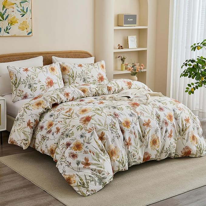 100% Cotton Duvet Cover Queen Size – Elegant Natural Yellow Floral Duvet Cover Set with Zipper Closure, 3-Piece Soft Breathable Durable Percale Cotton Bedding Set for All Seasons