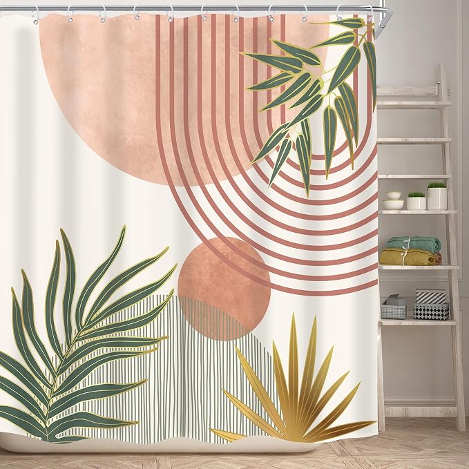 KOMLLEX Mid Century Pink Green Boho Shower Curtain 72Wx72L Inches Abstract Modern Shower Curtains for Bathroom Orange Gold Botanical Minimalist Arch Sun Fabric Liner Waterproof Polyester 12 Pack Hooks
