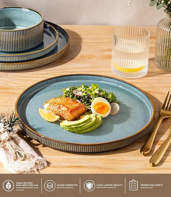 GBHOME 18-Piece Stoneware Dinnerware Set for 6 – Ribbed Ceramic Plates and Bowls, Scratch-Resistant, Microwave & Dishwasher Safe, Reactive Glaze-Space Blue