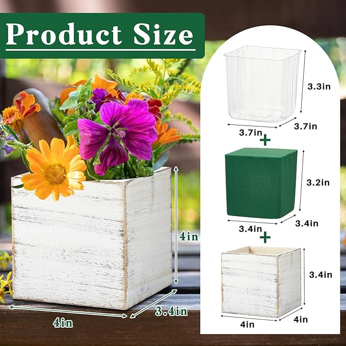 Dandat 4 Sets Wooden Cube Planter Boxes for Centerpiece 4 Inch Flower White Wood Rustic Square Vase with Removable Plastic Liner Floral Foam Block for Garden Wedding Christmas Home Arrangement Decor