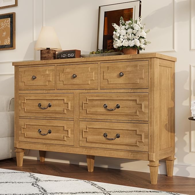 BLANKSPACE 7 Drawer Dresser for Bedroom, 36" Tall Dresser & Chest of Drawers wtih Vintage Surface, Closet Storage Cabinet for Living Room, Hallway, Natural Oak