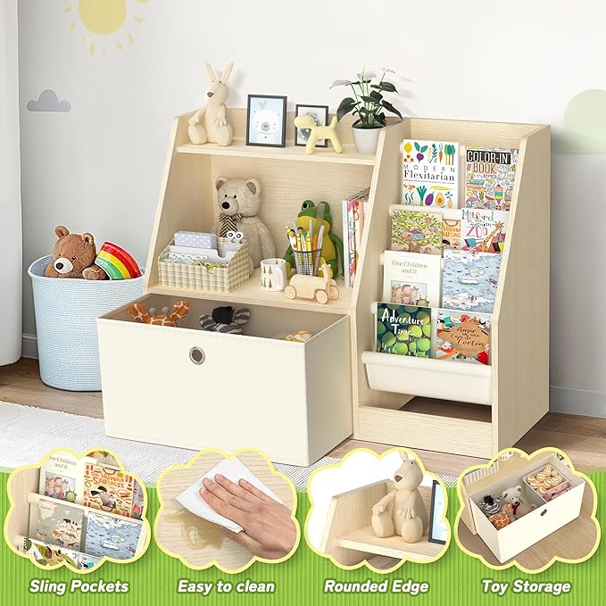 TOETOL Kids Bookshelf & Book Storage，4 Sling Wooden Toddler Book Shelf，2-Tier Wooden Open Bookcase & Storage Organizer Boxes for Nursery, Playroom, Bedroom