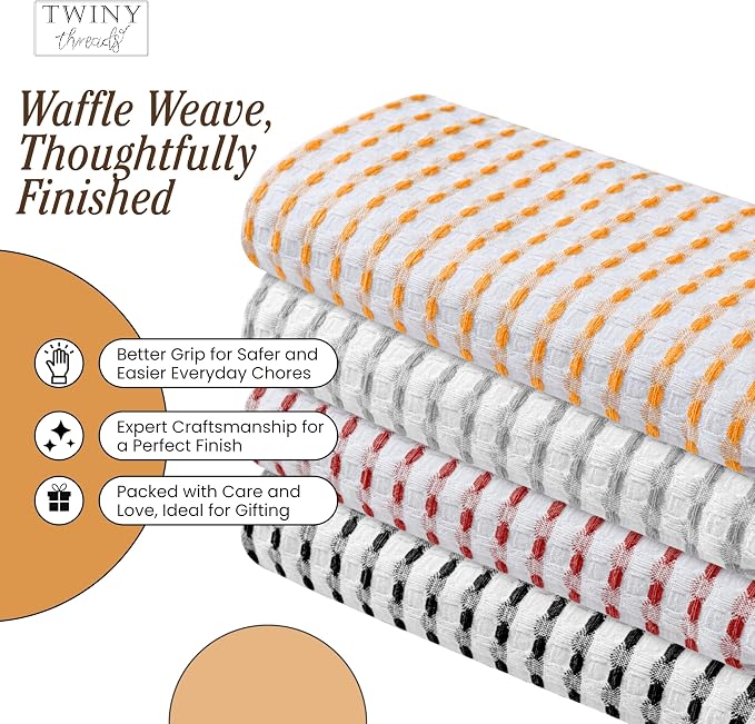 TWINY threads Multi Colors White Waffle Towels 4 Pack, 16x26 Inches Absorbent Waffle Weave Kitchen Dish Cloth Set, Soft, Durable & Machine Washable Tea Towel, Light Grey, Rust, Mustard Yellow, Black