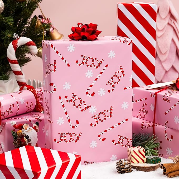MAYPLUSS Christmas Gift Wrapping Paper Roll - 17 Inch X 33 Feet - Reversible Pink Candy Cane and Stripe Design for Winter Gift Wrap, DIY Craft, Christmas, Party, Holiday and Birthday