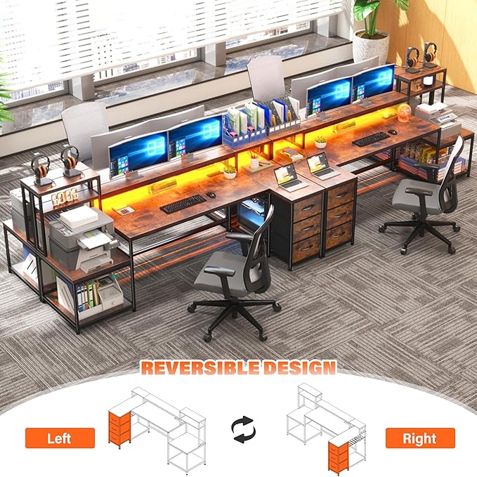 EnHomee 71" L Shaped Computer Desk with 3 Drawers & Hutch,Reversible Gaming Desk with LED Lights & Power Outlet,Home Office Desks with Monitor Stand & Printer Shelf for Student School Rustic Brown