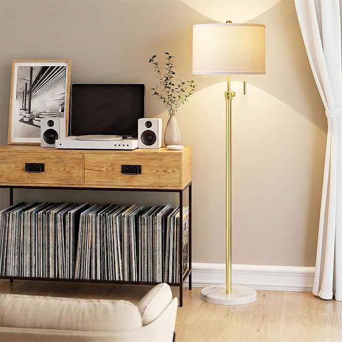 PARTPHONER Floor Lamp for Living Room, 66'' Adjustable Height Standing Lamp with Marble Base, 3-Color Tall Lamps with Pull Chain, Suitable for Bedroom, Reading, Office (Bulb Included, White Shade)